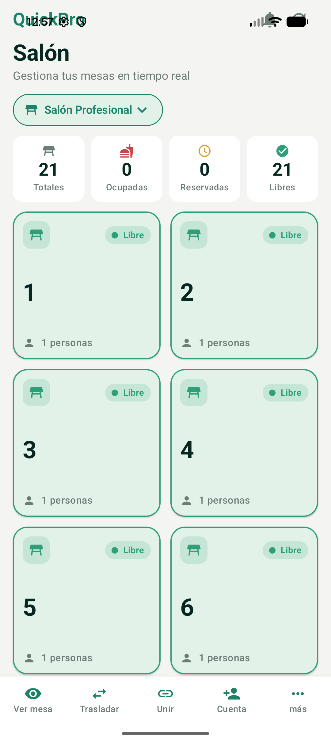 Salón con el estado de cada mesa en la app del mesero