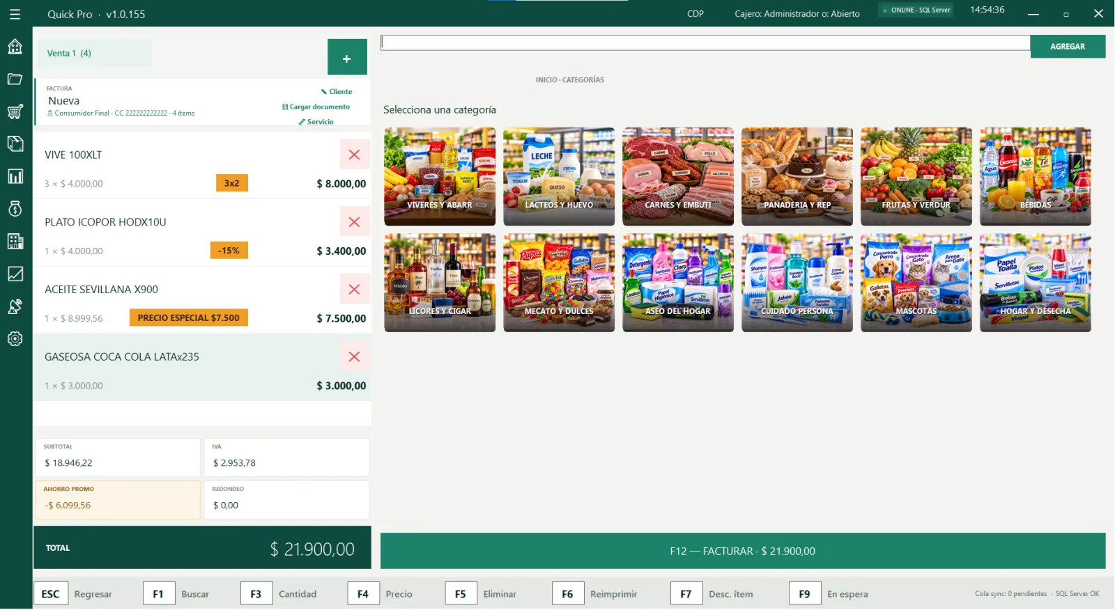 Punto de venta de Quick Pro con panel de categorías y promociones aplicadas