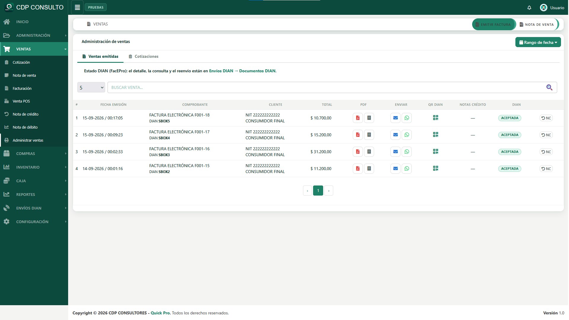 Pantalla de ventas de Quick Pro Lite