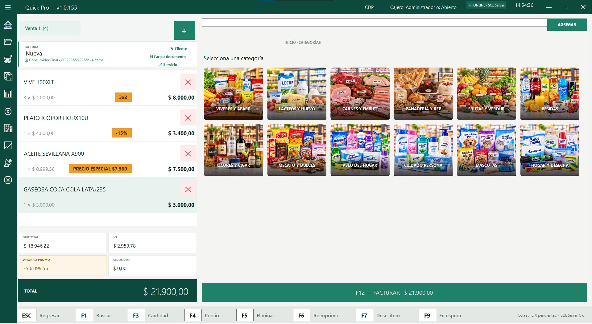 Pantalla de venta de Quick Pro POS con categorías de productos y promociones